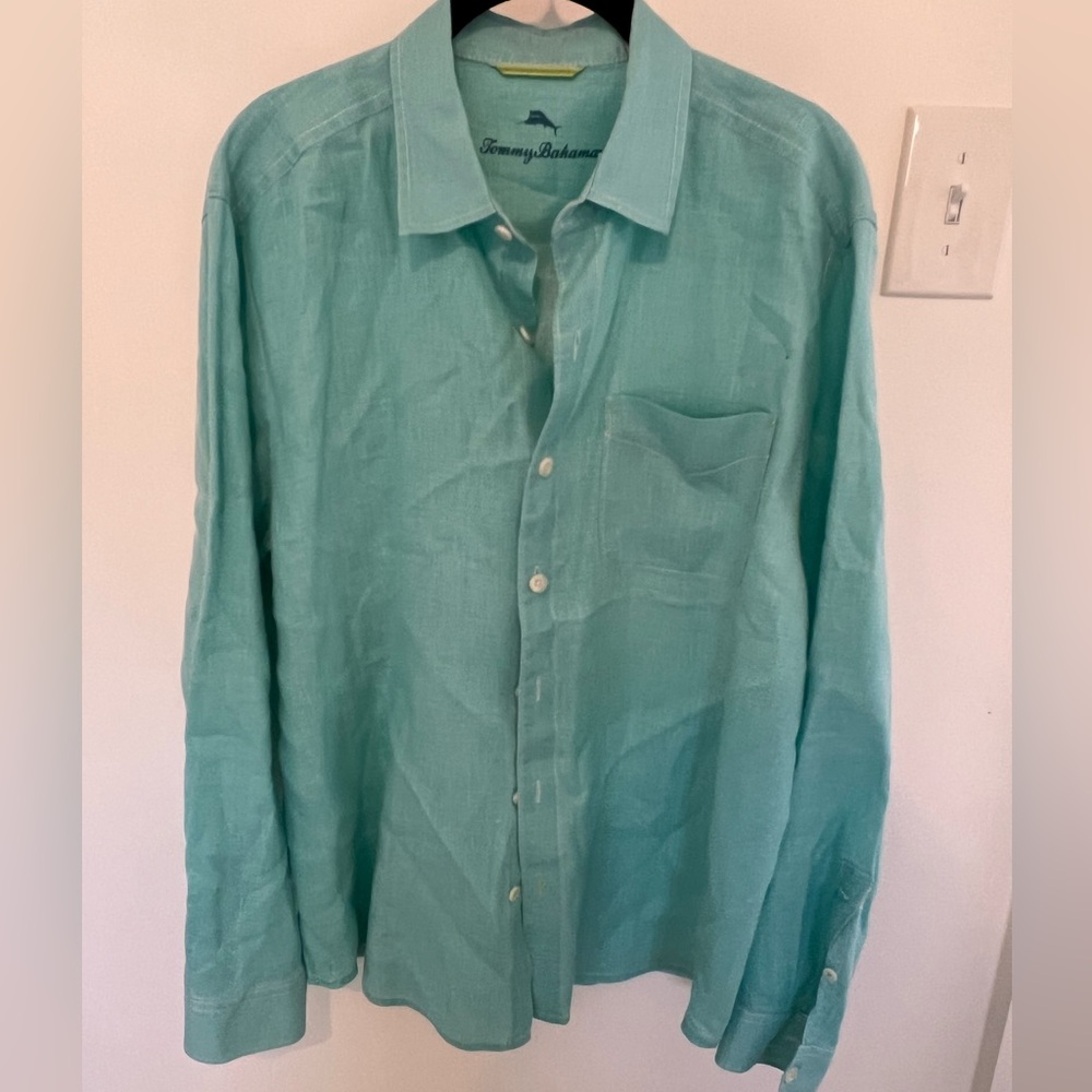 Tommy Bahama teal linen shirt. Worn 1 time- perfect condition Men’s Medium.